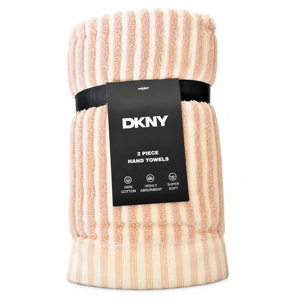 DKNY Hand Towels Blush Pink White Stripe Set of 2 OEKO-TEX Cotton Country 16x28